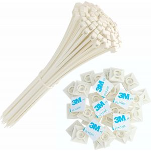 CHECARZHN--NO1-Collier De Serrage 200 Mm X 2,5 Mm Serre Cables, Rilsan 200Mm, Nylon, Lot De 100 Pièces + Embases Adhesive Pour Attache De Cable, 19 Mm, Auto Adhésif 50 Pièces Blanc - Neuf