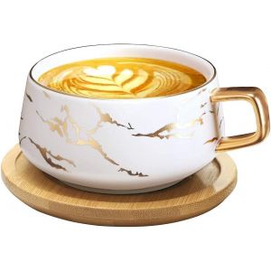 Tasses À Cappuccino Avec Soucoupe,Tasse En Marbre,300 Ml,En Porcelaine,Pour Thé,Café,Cappuccino,Tasses À Café Avec Disque En Bois (Blanc) - Neuf