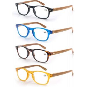 Lot De 4 Lunettes De Lecture 3.5 Hommes Femme,Lunettes Loupe Monture Leger Branches A Ressort,Lunettes De Vue Motif Effet Bois,Noir-Bleu-Ecaille-Jaune - Neuf