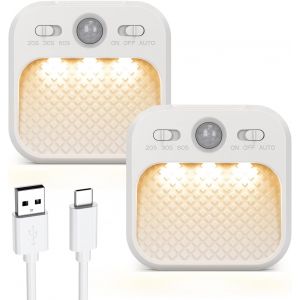 Lampe Détecteur De Mouvement, 2 Lot Veilleuses Led, Lampe Placard Rechargeable Avec 3 Températures De Couleur, Gradation Continue, 2 Modes De Capteur Pour Salle De Bain, Escaliers - Neuf