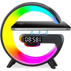 Kal-G Light Lampe À Chargeur Sans Fil, Lampe À Chargeur Sans Fil Avec Haut-Parleur Bluetooth, Lampe De Chevet Avec Chargeur Sans Fil, Lampe D'ambiance G Avec Réveil (Noir) - Neuf