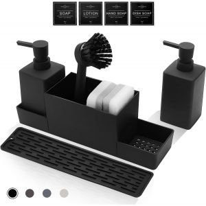 Organisateur Evier Cuisine Distributeur de Liquide Vaisselle Accessoire de Rangement Brosse &agrave; Vaisselle avec Distributeur de Liquide Noir (350ml) - Neuf