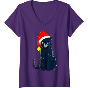 Femme Chat Noir Arbre De No&euml;l Lumi&egrave;res Vacances Chats Amant Cadeau T-Shirt Avec Col En V - Neuf