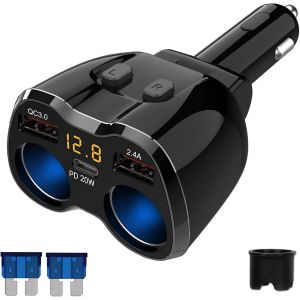 Pd 3.0 Cigarette Lighter Socket Adapter 150 W, Qc 3.0 & Usb C 12 V/24 V Dc Car Cigarette Lighter Charger Quick Charge With Voltmeter Separate Switch For Iphone, Ipad, Samsung, Gps, Etc - Neuf
