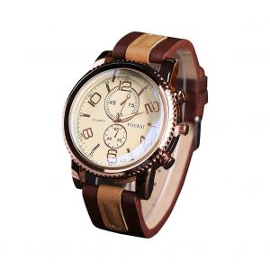Montre A Quartz Tendance Pour Homme, Bracelet En Cuir Pu, Style Decontracte, Cadran Numerique (Marron Fonce Et Blanc) - Neuf