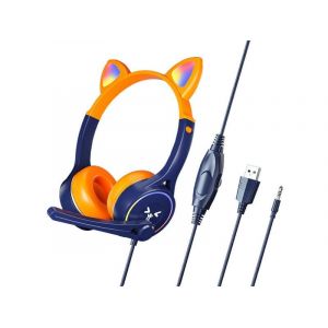 Casque de jeu &agrave; oreilles de chat avec lumi&egrave;res LED - Filaire, r&eacute;glable, orange - Neuf