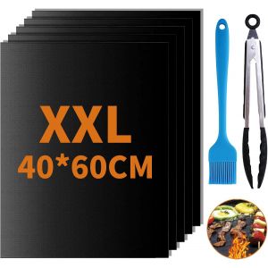 Lot de 5 Tapis Barbecue 60x40cm, Anti-adh&eacute;rent Tapis de Cuisson Barbecue en T&eacute;flon, Papier BBQ avec Brosse et Clip, Peut Etre Coup&eacute; Grill Mat pour Barbecue &agrave; Gaz Charbon Electrique - Neuf