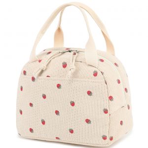 Sac &agrave; d&eacute;jeuner pour homme femme - AQSACOKIYA - Sacs de transport mignons en velours c&ocirc;tel&eacute; - Bo&icirc;te &agrave; d&eacute;jeuner isol&eacute;e - Beige Fraise - Neuf