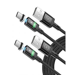 Lot De 2 Câbles De Charge Magnétiques Usb C De 3 A Avec Adaptateur De Type C,Charge Rapide Qc 3.0,Câble De Charge Magnétique En Nylon Tressé (2m*2) - Neuf