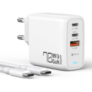 70w Usb C Fast Charger, 3 Ports Fast Charger With Gan Iii Tech For Macbook Air Pro Ipad Pro Dell Xps 15, Google Pixel, Samsung Galaxy S23/S22/S21, Steam Deck (Includes 1.8 M 100w Usb C Cable) - Neuf