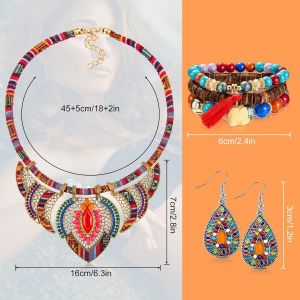 Ensemble De Bijoux Boho Collier Ras Du Cou Tribal De Style Ethnique Bracelet De Perle Multicouche Boho Extensibles Boucles D'oreilles Pendantes Vintage Pour Femmes Fille Cadeau - Neuf