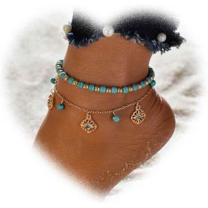 Kal-Bohème Cascade Perles Bleues Femmes Chaînes De Pied Fleurs Bracelets De Cheville Bracelet Fleurs Ajourées Bracelet Multicouche Été Plage Menottes Bracelet Bijoux Filles Cadeaux - Neuf