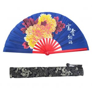 Eventail pliant en bambou naturel, fleur de pivoine, arts martiaux, kung-fu, taiji, pour les amateurs de spectacles, son puissant, bleu, 33,2 cm - Neuf