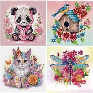 Ayuhr-Lot De 4 Diamant Peinture Strass Spécial Chat 30x30 Cm Diamant Peinture Par Numéros Libellule Diamant Painting Panda Ours Broderie Diamant Oiseau Sur Toile Débutants Animaux Puzzle Diamant - Neuf