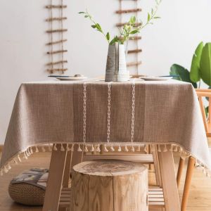 Nappe Rectangulaire Anti Tache Coton Lin Table Cloth Impermeable Nappe Avec Tassel Nappes Tissu Vintage Pour Table De Cuisine Decoration Table Basse(Marron Ray&eacute;e, 140 X 180 Cm) - Neuf