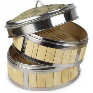Subzonal-Cuiseur Vapeur En Bambou De 20 Cm, Panier Vapeur En Bambou &Agrave; 2 &Eacute;tages Avec Couvercle, Anneaux En M&eacute;tal De 20 Cm, Pour Petits Pains Bao, Dim Sum, Viande, Poisson - Neuf