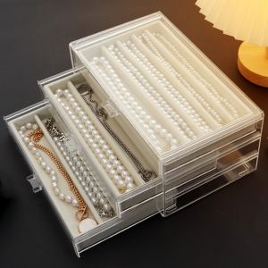 Boîte De Rangement Pour Colliers, Boîte De Rangement En Acrylique Avec Plateau En Velours, Résistante À La Poussière Pour Femmes Et Filles (Beige, 3 Tiroirs) - Neuf