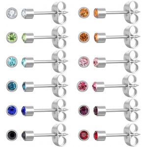 Kal-Lot De 12 Paires De Boucles D'oreilles En Acier Inoxydable Chirurgical Plaqu&eacute; Or Avec Pierre De Naissance Multicolore Et Zircone Cubique Pour Piercing D'oreille - Neuf