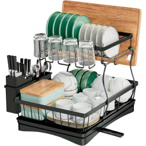 Jexnovashop-Egouttoir Vaisselle, Egoutoire Vaisselle Cuisine Double, Sur Evier, Noir, Inox, Égouttoir Couvert, Dish Rack, Drying Rack, Buse Rotative 360° (2 Niveaux) - Neuf