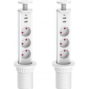 Lot de 2 prises escamotables, avec USB C et 2 USB A, 3 prises de table, avec s&eacute;curit&eacute; enfant et c&acirc;ble de 1,8 m, pour cuisine, bureau, 4000 W/16 A, diam&egrave;tre : 60 mm - Neuf