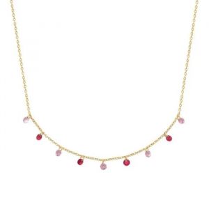 Collier - Bijoux - Pampilles Perles De Cristal - Plaqu&eacute; Or 18 Carats - Rose Violet - 40cm + 5cm D'extension - Neuf