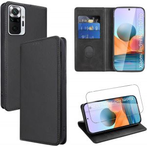 Kal-Coque Cuir Pour Xiaomi Redmi Note 10 Pro 4g 6.67"" Avec 1 Verre Trempé Etui À Rabat En Pu Porte-Cartes Portefeuille Support Flip Housse Magnétique Antichoc Anti-Rayures Case,Noir - Neuf