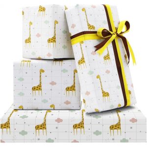 Papier Cadeau D'anniversaire Pour Enfants, Filles Et Garçons, Motif Girafe Avec 2 Rubans Pour Anniversaire D'enfant Ou Fête Prénatale, 4 Feuilles Pliées À Plat, 50 X 70 Cm Par Feuille - Neuf