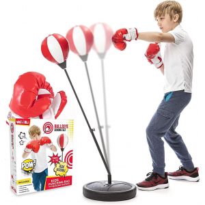Sac De Frappe Pour Enfants Avec Gants De Boxe | Sac De Frappe R&eacute;glable Pour Enfants De 3 &Agrave; 10 Ans Avec Support | Sac De Boxe Pour Gar&ccedil;ons Et Filles (Rouge Et Blanc) - Neuf