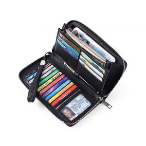 Grand portefeuille zippé en cuir anti-RFID pour femme : 17 emplacements pour cartes, poche pour pièces de monnaie, dragonne élégante et sécurisée - Neuf
