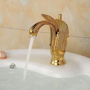 Robinet d'évier en forme de cygne doré - Laiton plaqué or - Neuf