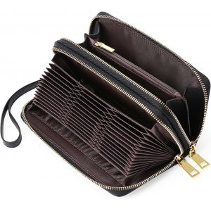 CAUC-Portefeuille pour femme - Grande capacit&eacute; - En cuir - Avec protection RFID - Longue double fermeture &eacute;clair - Avec 24 compartiments pour cartes et dragonne amovible - Neuf