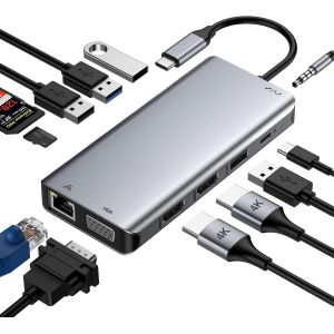 NAERYUT-Station D'Accueil Usb C 12 En 1 Hub Usb C Avec Dual 4K Hdmi,Vga,Ethernet Rj45,2Xusb 3.0,2Xusb 2.0,100 W Pd Et Tf/Sd,Aux 3,5 Mm Pour Macbook Pro/Air Et Plus D'Appareils De Type C - Neuf