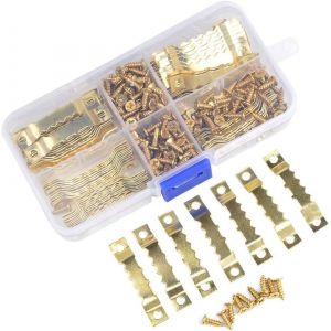 YEMAESRE-CintrePour Cadres 100Pcs Cadres Photo À Suspendre En Dents De Scie Crochets De Cadre Photo Cintres À Cadre Photo En Métal Kits Double Trou Avec 200 Vis De Montage, Dorée - Neuf