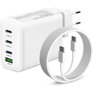100W USB C Plug 4 Ports Chargeur de Voyage Compact Adaptateur Secteur Rapide avec c&acirc;ble de Charge Compatible avec Mac Book Pro/air, I Pad Pro,iPhone 15,et Tous Les appareils USB C - Neuf