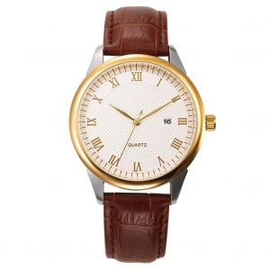 M&acirc;le Analogique Rond Quartz Bracelet En Cuir Date Montre D'affaires Montre-Bracelet (Cadran Blanc,Bo&icirc;tier En Or) - Neuf