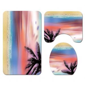 HJLIAN Ensemble de 3 tapis de bain antiderapants et impermeables, motif plage, tapis de douche et housse d'abattant WC - Neuf