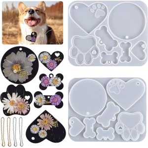 Lot De 2 Moules En R&eacute;sine De Silicone Avec 4 Cha&icirc;nes En M&eacute;tal, Kit De Moules En R&eacute;sine &Eacute;poxy 6 Pi&egrave;ces, Moule En Os De Chien En Forme De C?ur Pour Pendentif Porte-Cl&eacute;s Bricolage - Neuf