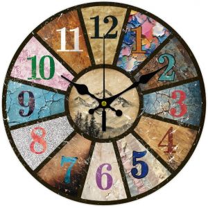 FCHHK-Retro Vintage Textures Numéros Horloge Murale Montagnes Horloge Non Ticking 12 Pouces Horloges Décoratives Rondes Horloges Murales Imprimées pour la Décoration Home Office - Neuf