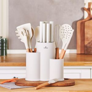 Karaca Burby Set de Bloc de Couteau Cuisine 14 pi&egrave;ces avec Planche &agrave; D&eacute;couper et Couteaux et Ustensiles de Cuisine, Couteaux en Acier Inoxydable, Cr&egrave;me - Neuf