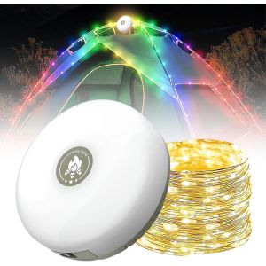 JGD-Guirlande lumineuse d'ext&eacute;rieur &eacute;tanche portable pliable 2 en 1 rechargeable avec guirlande lumineuse chaude et color&eacute;e de 10 m, guirlande lumineuse LED r&eacute;tractable pour camping - Neuf