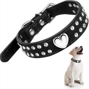 Collier En Cristal Pour Chien, Collier En Cuir Synthétique, Collier Réglable Pour Chiens De Taille Moyenne (C?ur En Cristal Noir, 37 X 2 Cm) - Neuf