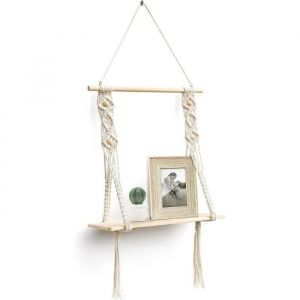 Etagere Murale Bois Macram&eacute; Boheme Deco Plantes Simple Houppe Manuel Tiss&eacute; Chambre Salon WC Etagere Suspendue Corde - Neuf