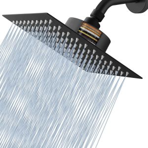 Pomme de Douche &agrave; Effet pluie avec Filtre &agrave; Haut D&eacute;bit et &agrave; Effet pluie en Acier Inoxydable, Pommeau de Douche &agrave; Effet Cascade pour Eau Dure (20cm Noir) - Neuf
