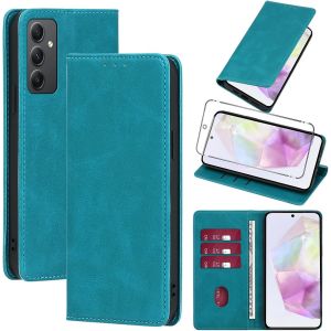 Kal-Coque Cuir Pour Samsung Galaxy A35 5g 6.6"" Avec 1 Verre Trempé Etui À Rabat En Pu Porte-Cartes Portefeuille Support Flip Housse Magnétique Antichoc Anti-Rayures Case,Light Blue - Neuf