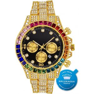 Diamants Montre En Or,Homme Or Véritable 18k/Or Rose/Plaqué Platine Or Blanc 40mm Largeur Multicolore Noir Cadran Quartz Avec Chaîne Cubains Bracelet Collier,Boîte Cadeau Gratuite.[J801] - Neuf