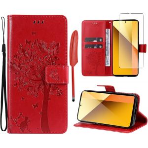 KAL--Coque Xiaomi Redmi Note 13 5G (Not 4G) [1X Verre Tremp&eacute;] &Eacute;tuis Rabat Folio Protection Housse Cuir Pu Portefeuille Silicone [Fermeture Magn&eacute;tique][Emplacements Cartes][Stand Feature]-Rouge - Neuf