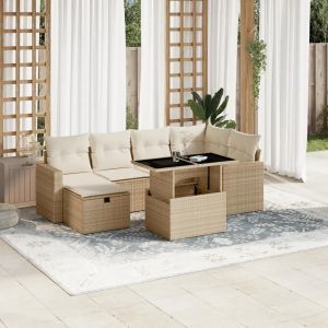 Salon De Jardin Avec Coussins 7 Pcs Beige Résine Tressée - Neuf