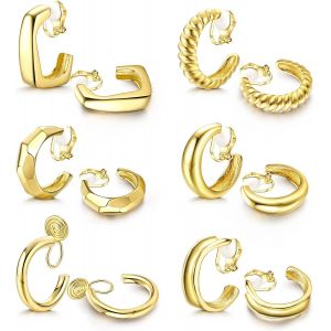 Kal-6 Paires Boucles D'oreilles Clip Pour Femmes Filles Ensemble Clips D'oreille Hypoallergénique Boucles D'oreilles Grosses Créoles Non Percées Clip Boucles D'oreilles Femme Argent Or - Neuf
