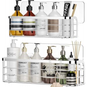 Lot de 2 Etagère de Rangement de Douche Adhésives sans Perçage Panier Salle de Bain en Acier Inoxydable 304 Panier Salle de Bain avec Crochets Rasoir Organiseur de Salle de Bain-Argent - Neuf