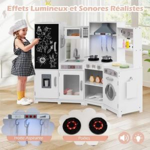 COSTWAY Cuisine Angle Enfants Interactive-Dinette, Lave-linge, Micro-Onde, Lave-vaisselle, Hotte, Plaque, Téléphone,Cafetière - Neuf